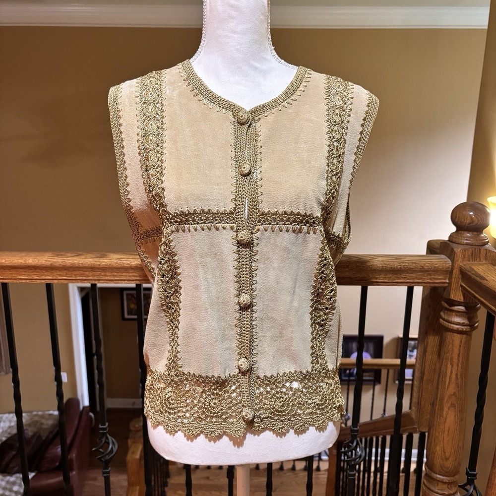 Overland Leather Suede Crochet Trim Vest Women's Medium Beige Boho Western